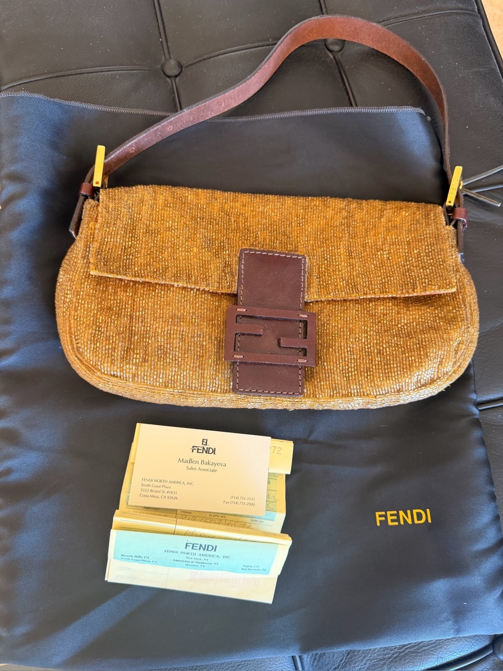 Vintage Fendi baguette Golden beaded Shoulder Bag with Leather Strap